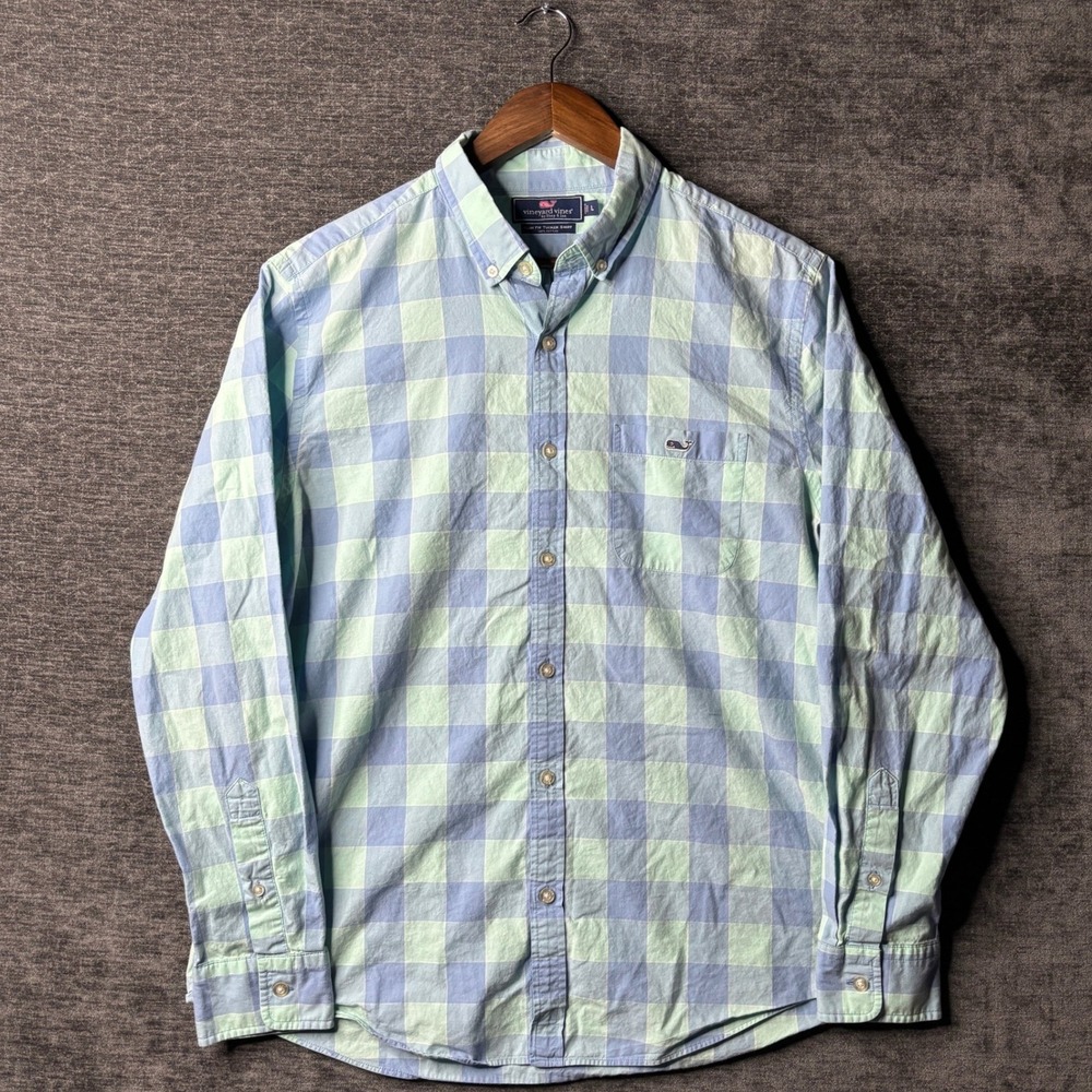Vineyard Vines Slim Fit Tucker Shirt Mens L Blue Green Check Long Sleeve Cotton